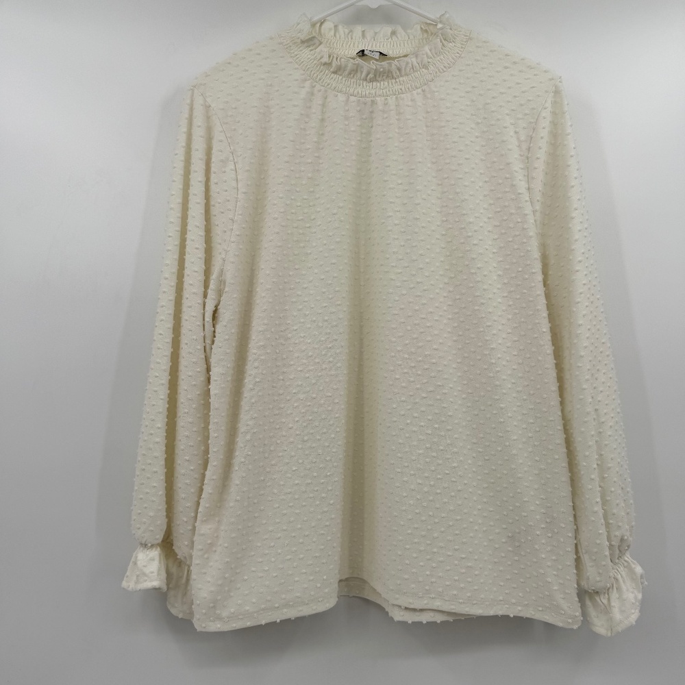 J Crew Top Women XL Ivory Long Bishop Sleeves Swiss Dot Ruffle Neck Pullover